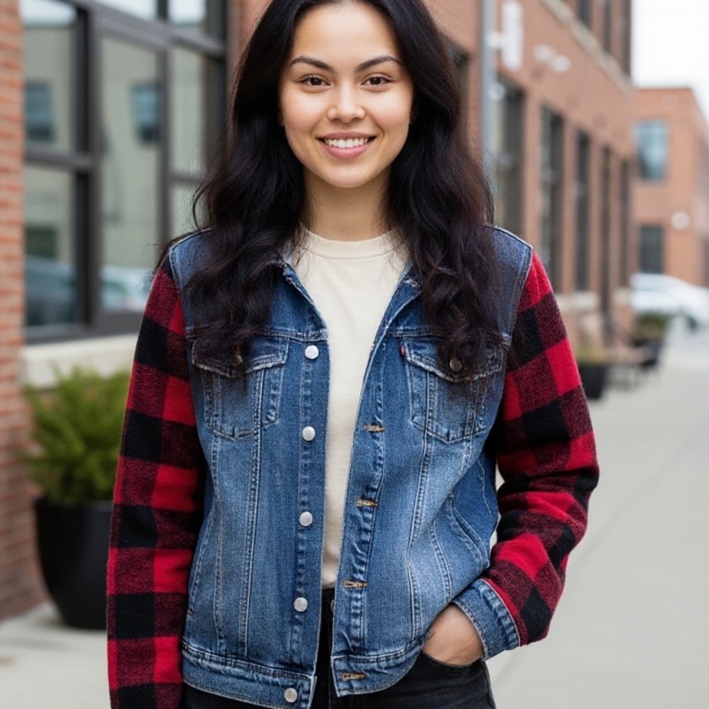 Desigual Blue Denim Jacket with grey sweatshirt hood and Red Plaid Sleeves